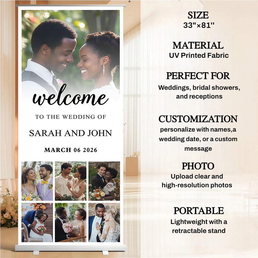 Customized wedding retractable banners - personalized photo wedding welcome signs, reception decorations and background curtains